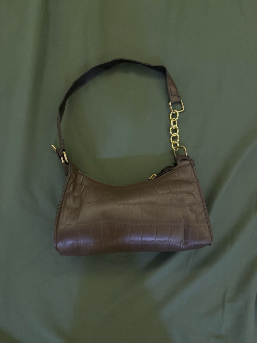 Croc-Embossed Shoulder Bag with Gold Chain Accent - Dark Brown